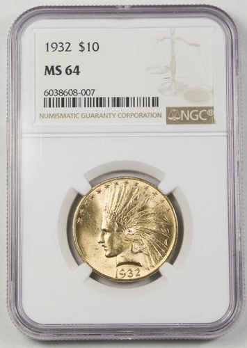 United States (US) 1932 $10 Indian Head Gold Eagle Coin NGC MS64 GEM BU