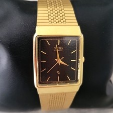 Vtg Citizen Quartz Mens Dress Watch Gold Tone Band Black Dial 6031-G03715 EUC