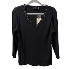 Rafaella Black V-Neck Top With Rhinestone Trim Long Sleeves Sz  L shirt. NWT