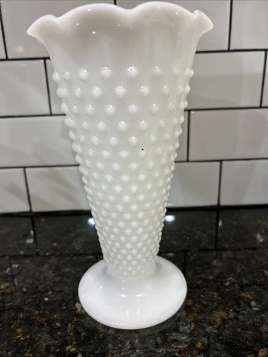 Vtg Anchor Hocking Hobnail Dots Dashes Milk Glass Trumpet Vase Ruffled Edge 9.5"