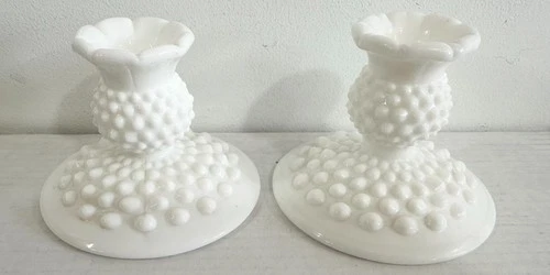 Set of 2 Vintage Fenton Hobnail Milk Glass Candlesticks Pair Candle Holders NICE