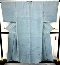 Japanese Vintage Kimono Silk Blue Family crest Traditional Authentic Length 60in