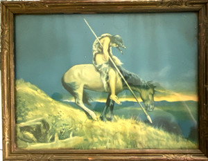 Framed Western Americana Art Print Native American with Spear/Horse; Wall Art