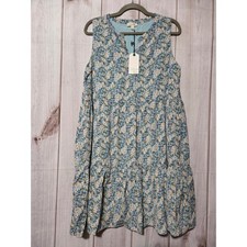 Cotton Bleu Dress Ladies Medium Blue  Floral V Neck Tiered Sleeveless Mini