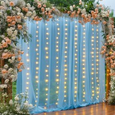 10 10ft Blue Tulle Backdrop Curtain with Lights String for Parties Sheer Phot...