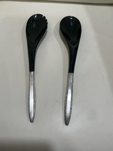 VTG MCM Silver Flutes Towle Sterling Silver Salad Serving Set 2pc  12"