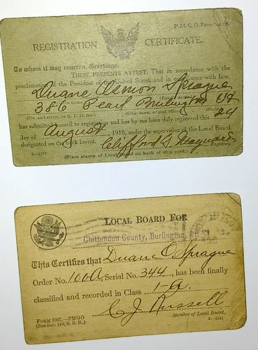 WW 1 Draft Registration Certificate Card USA Military 1907-20 Burlington VT