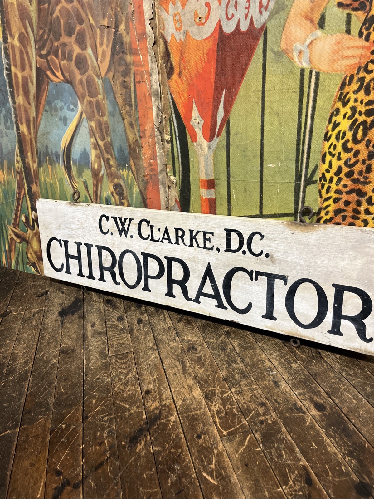 VINTAGE C. 1920 C. W. CLARKE D.C. CHIROPRACTOR DOUBLE SIDED WOOD TRADE SIGN RARE
