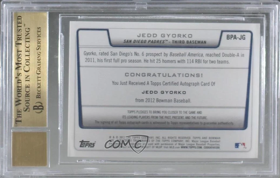 2012 Bowman Retail Prospect Auto Jedd Gyorko #BPA-JG BGS 9.5 GEM MINT Auto - Image 2 of 2
