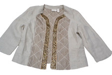 Chicos WomenJacket Small 3/4 Sleeve 100 Linen Open Front Embroidery Beige