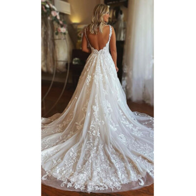 Wedding Dresses with Pocket V Neck Tulle A Line Backless Sweep Train Bridal  Gown | eBay