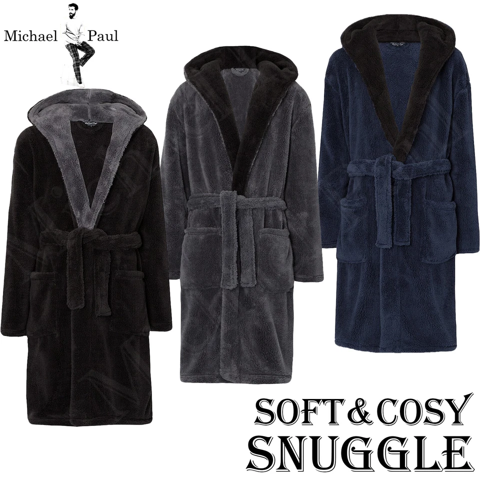 MICHAEL PAUL MENS DRESSING GOWN SOFT & COZY HOODED FLEECE BATHROBE ROBE SIZES M - 5XL **NEW*