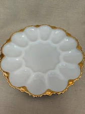 Vintage Milk Glass Deviled Egg Plate Platter with Gold Trim 10" Diameter