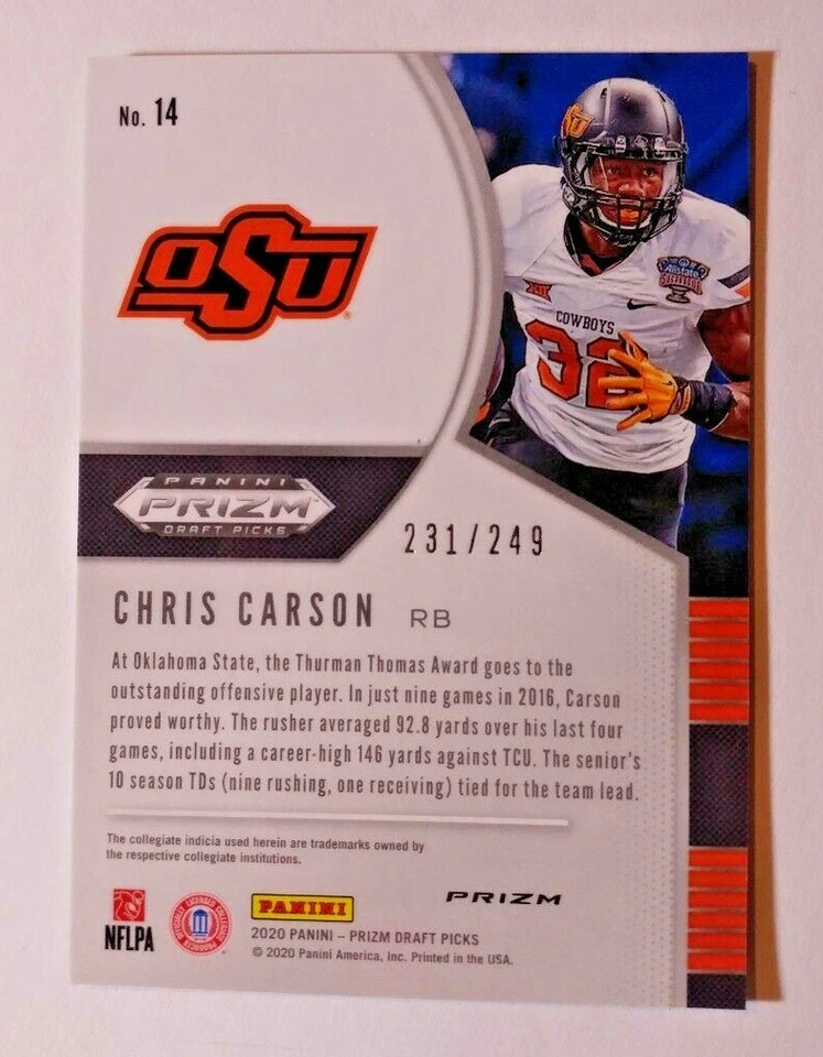 2020 PRIZM DRAFT GREEN YELLOW PRIZM CHRIS CARSON 231/249 - Image 2 of 2