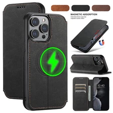For iPhone 15 Pro Max 14 13 12 Magnetic Mag Safe Leather Wallet Card Stand Case
