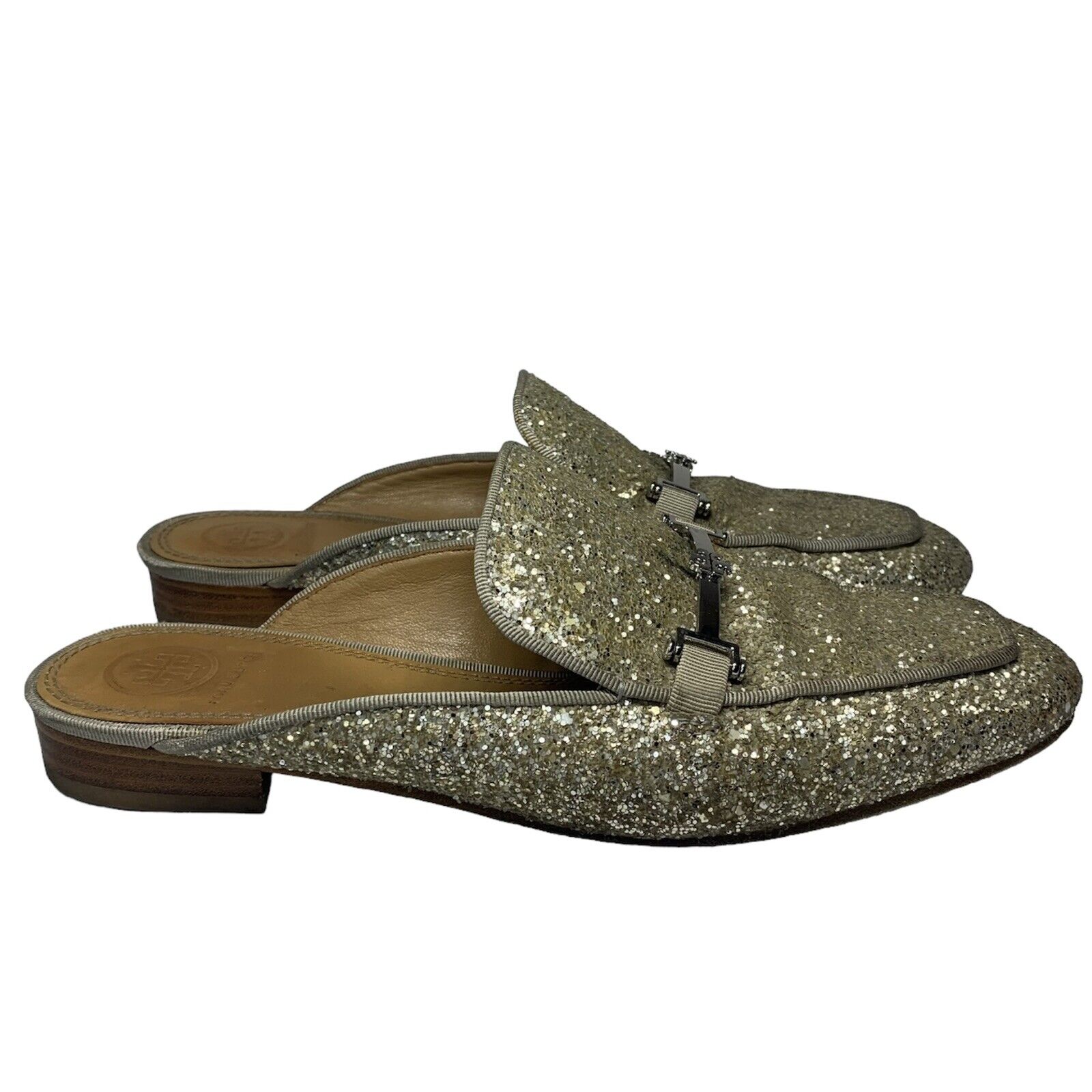 Tory Burch silver Glitter Amelia Tory logo slip on backless loafer mules  size 7M | eBay