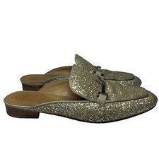 Tory Burch silver Glitter Amelia Tory logo slip on backless loafer mules size 7M