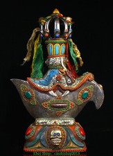 13.7'' Old Tibet Tiantie Inlay Gem Elephant Head Axe Hold Phurba Dagger FaQi