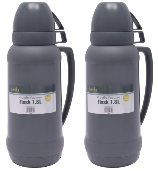 2x basiks Plastic Vacuum Thermal Flask Hot Cold Tea Drink Camping Travel 1.8L