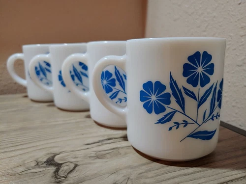SET OF  Vintage HAZEL ATLAS Blue Corn Flower Tea Mugs White Milk Glass + ERROR!