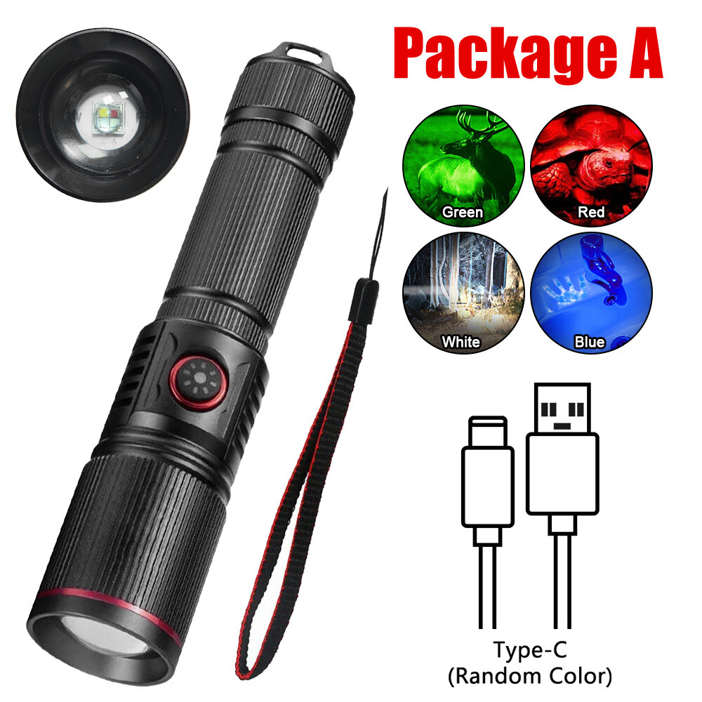 4in1 Tactical Red/Green/Blue/White LED Flashlight Light Zoom Torch Hunting Light