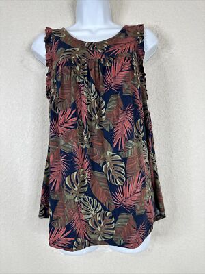 Time & Tru Womens Size M Blue Tropical Leaves Stretch Top Sleeveless