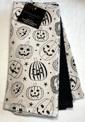 CYNTHIA ROWLEY (3) KITCHEN TOWELS JACK O LANTERNS KHAKI BLACK 100% COTTON NWT