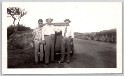 Vintage 1940s Black & White Photo Men by Classic Car on Road