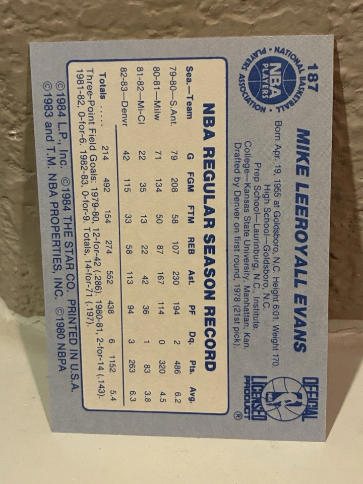1983-84 Star Mike Evans #187 Denver Nuggets NRMT - Image 2 of 2