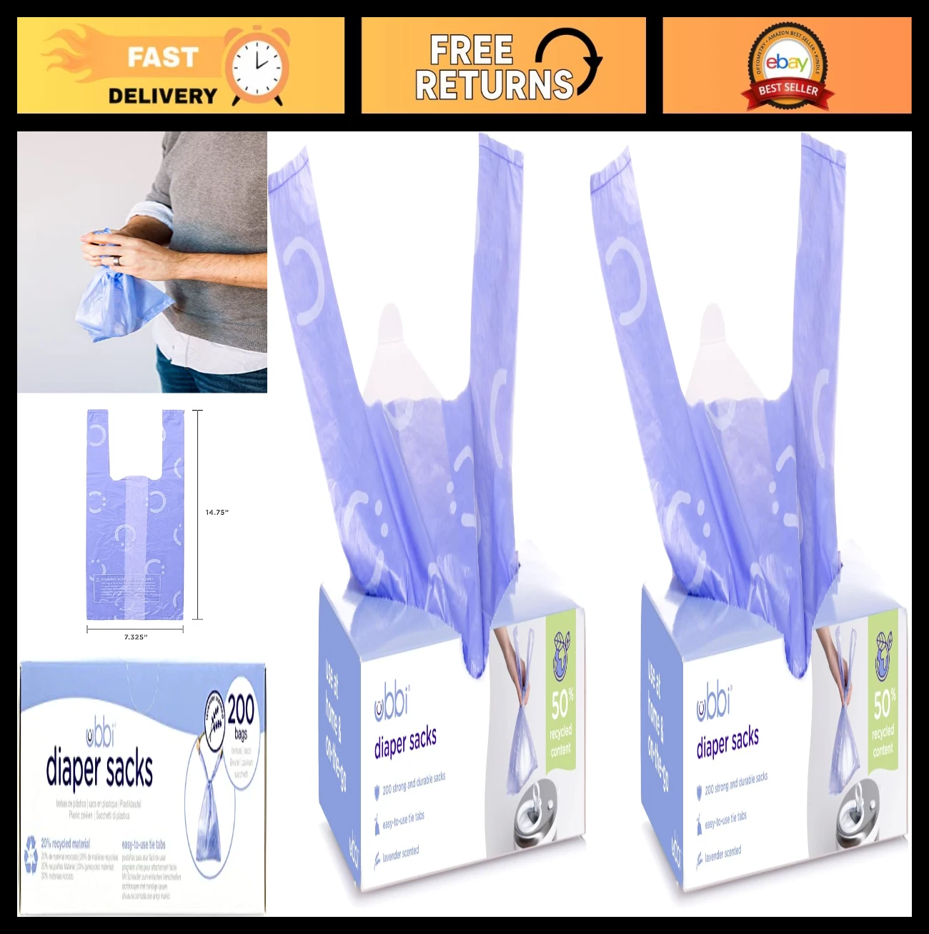 Lavender Scented Disposable Diaper Sacks - Easy Tie Tabs, 200 Count (2 Pack)
