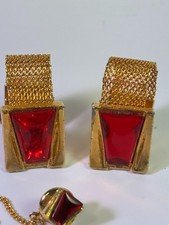 Cufflinks Wrap Around Mesh Gold Tone Red Rhinestone Cuff Links Vintage