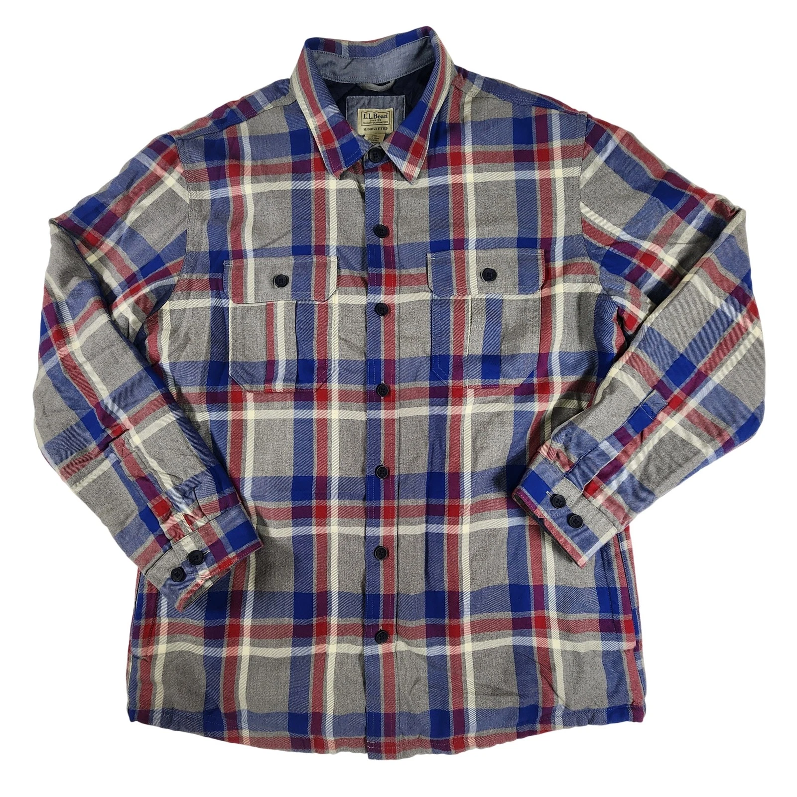 LL Bean Quilted Flannel Shirt Jacket Mens Large Blue Red Plaid PrimaLoft Lined