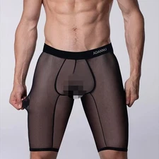 Men's Transparent Pouch Long Boxer Underwear Sexy Ultra Thin Trunks Shorts Pants