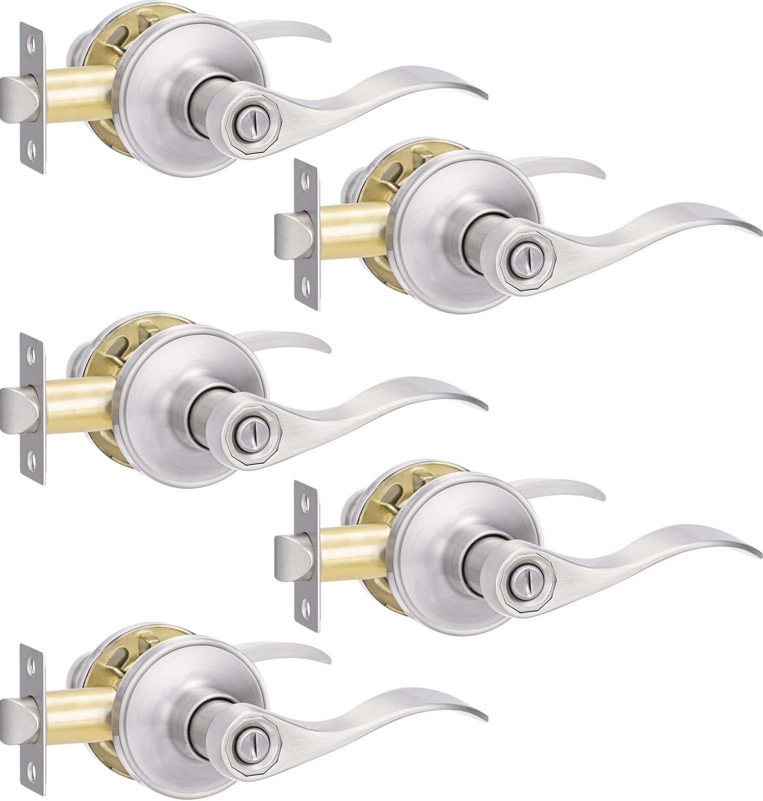 5 Pack Keyless Privacy Door Levers with Lock in Brushed Nickel Finish
