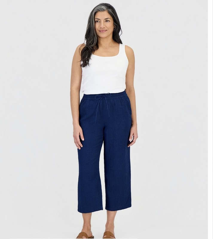 Style & Co Gauze Cotton Wide Leg Pants Women Medium Navy Blue Pockets Drawstring