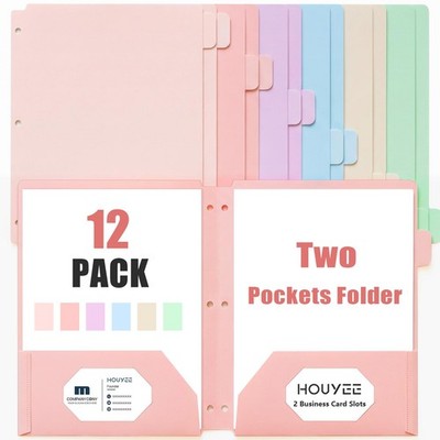 HOUYEE 12 Pack Plastic Folders with Pockets 3 Hole Letter Size, Pastel Colors