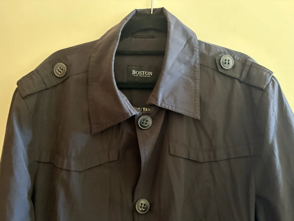 Gabardina BOSTON Fine Tailoring M-L para hombre negra algodón poliéster con cinturón botones Foto 2 de 4