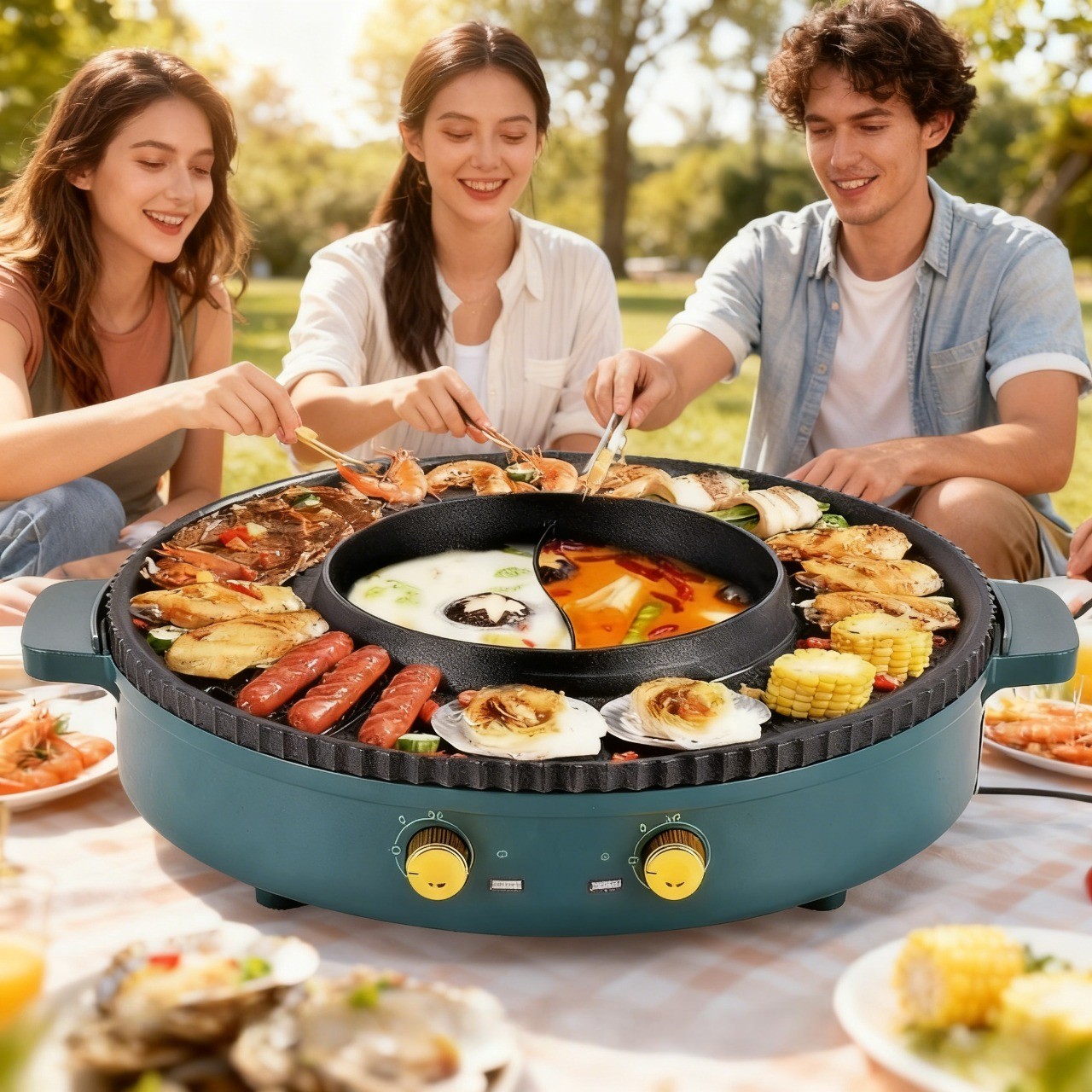 Hot Pot und Tischgrill Elektrisch Hotpot Topf Elektrogrill 2 in 1 für 4 Personen