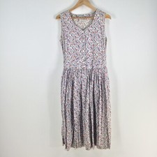 VINTAGE DG Sport womens dress size 10 fit flare midi white floral cotton 095501