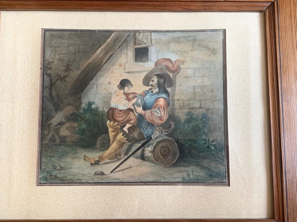 aquarelle charmante scène de genre mousquetaire et sa fille dédicacée datée 1807 - Photo 2/4