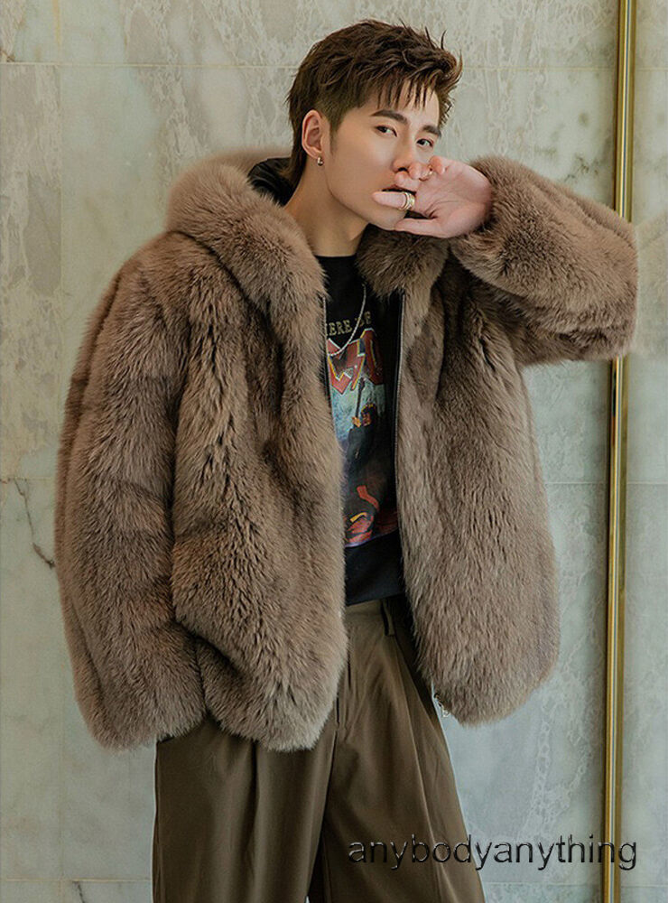 American Style Winter Mens Hooded Faux Fox Fur Short Coats