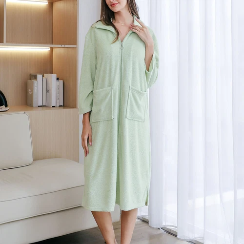 Women's Full Zip Robe 3/4 Sleeve Soft Terry Cloth Comfy Pockets House Coat - Picture 32 of 44