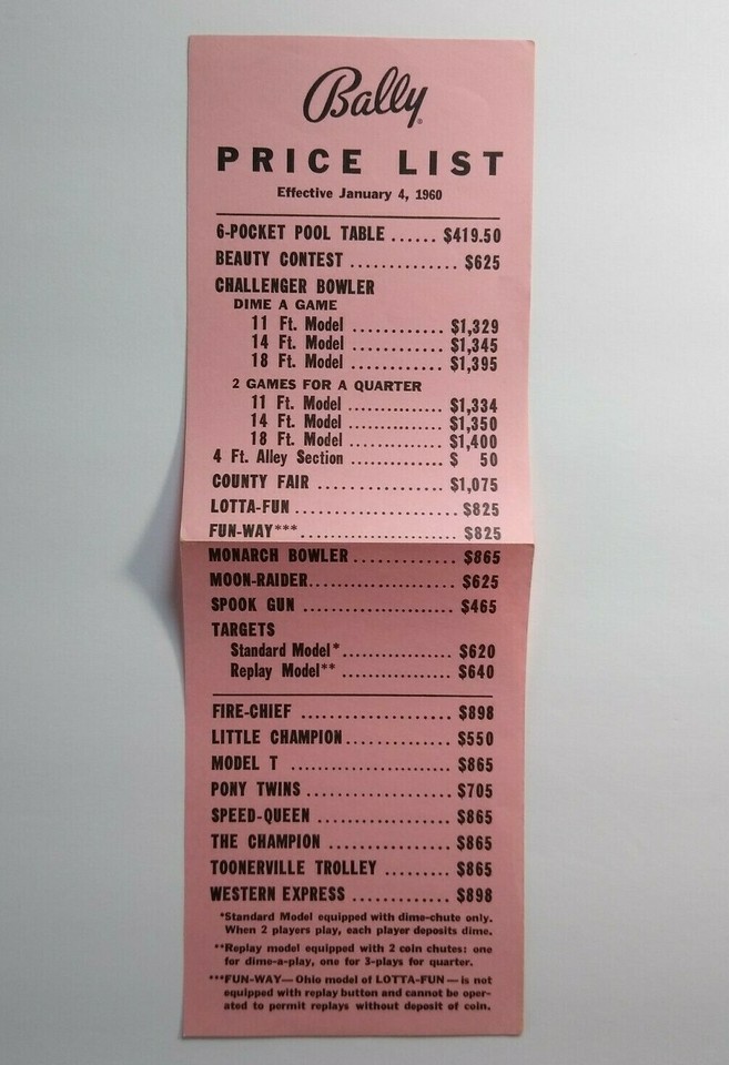 Bally Operator Price List Arcade Game Bingo Pinball Jan 4 1960 Beauty