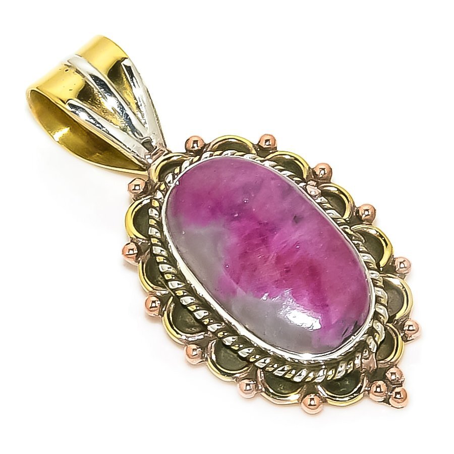 Ruby & Zoisite Lab-Created Gemstone 925 Sterling Silver Two-Tone Pendant 1.5 Inch