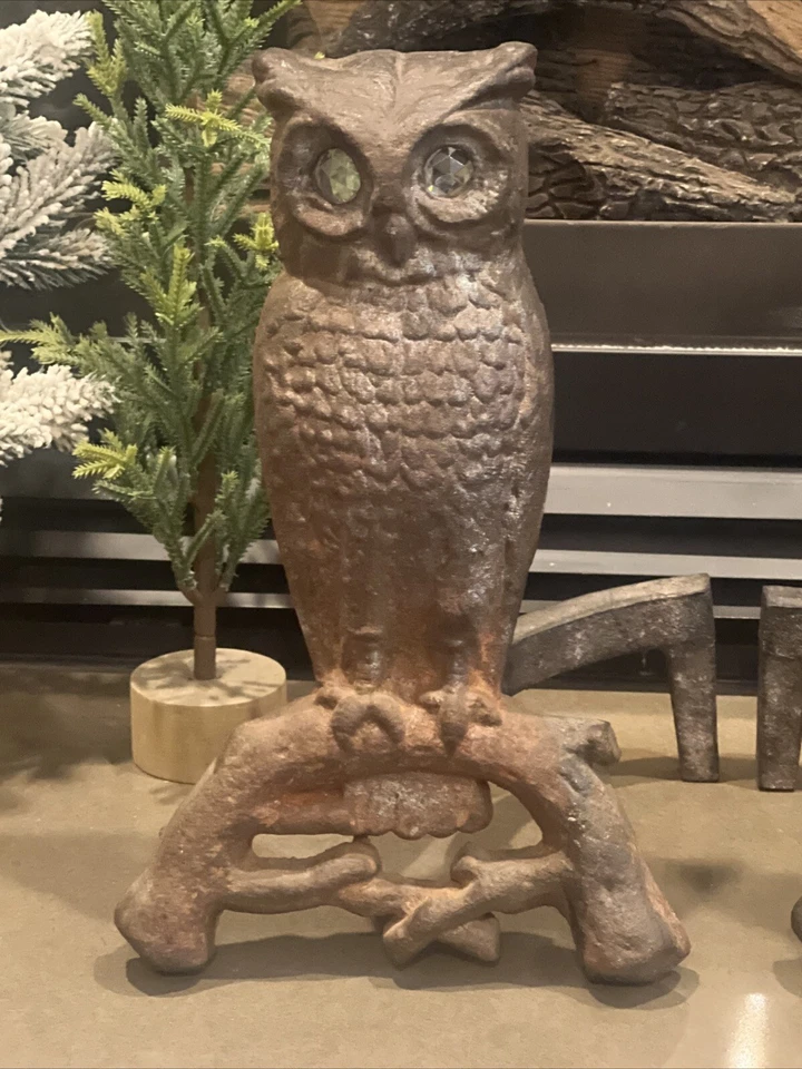Antique Owl Fireplace Andiron Pair Antique Rare Cast Iron w/Plastic Eyes - Image 4 of 4