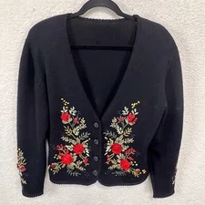 Vtg Susan Bristol Cardigan Sweater Womens M  Floral Wool Romantic Embroidered