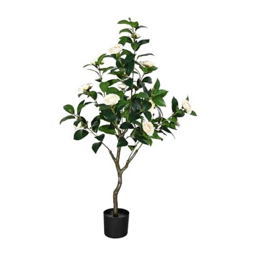 47-inch Tall Artificial Camellia Tree in Pot with White Flowers 3.9FT Faux Plant