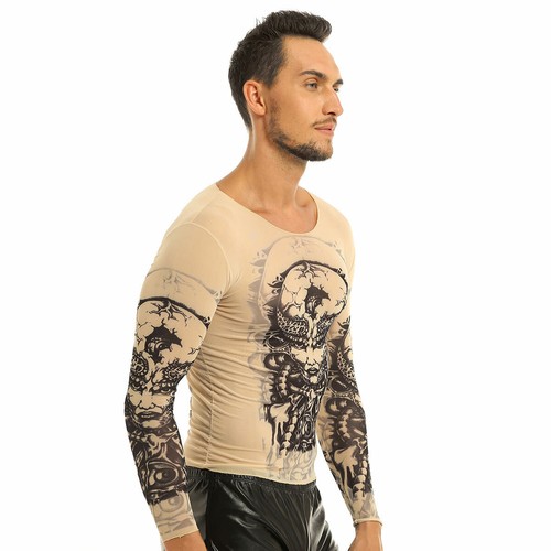 Mens Long Sleeve Mesh See Through T-shirt Fake Tattoo Blouse Shirt Party Fancy - Picture 16 of 56