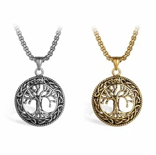 Retro Mens Stainless Steel Pendant Necklace Round Hollow Tree of Life Chain Gift