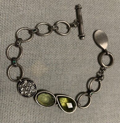 Lia Sophia Silver Tone Bracelet Green Rhinestones Circle Links Toggle Clasp